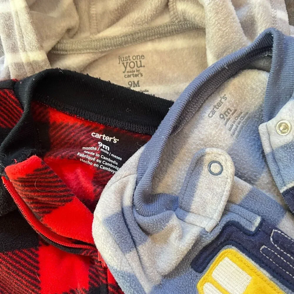 Lot of 3 Carter's Boys 9 mo Fleece Sleepers stripes buffalo plaid